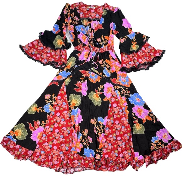 Free People Penny Printed Maxi Bodysuit Dress. Boho Floral Bright Lace Ruffle XS - Picture 3 of 16